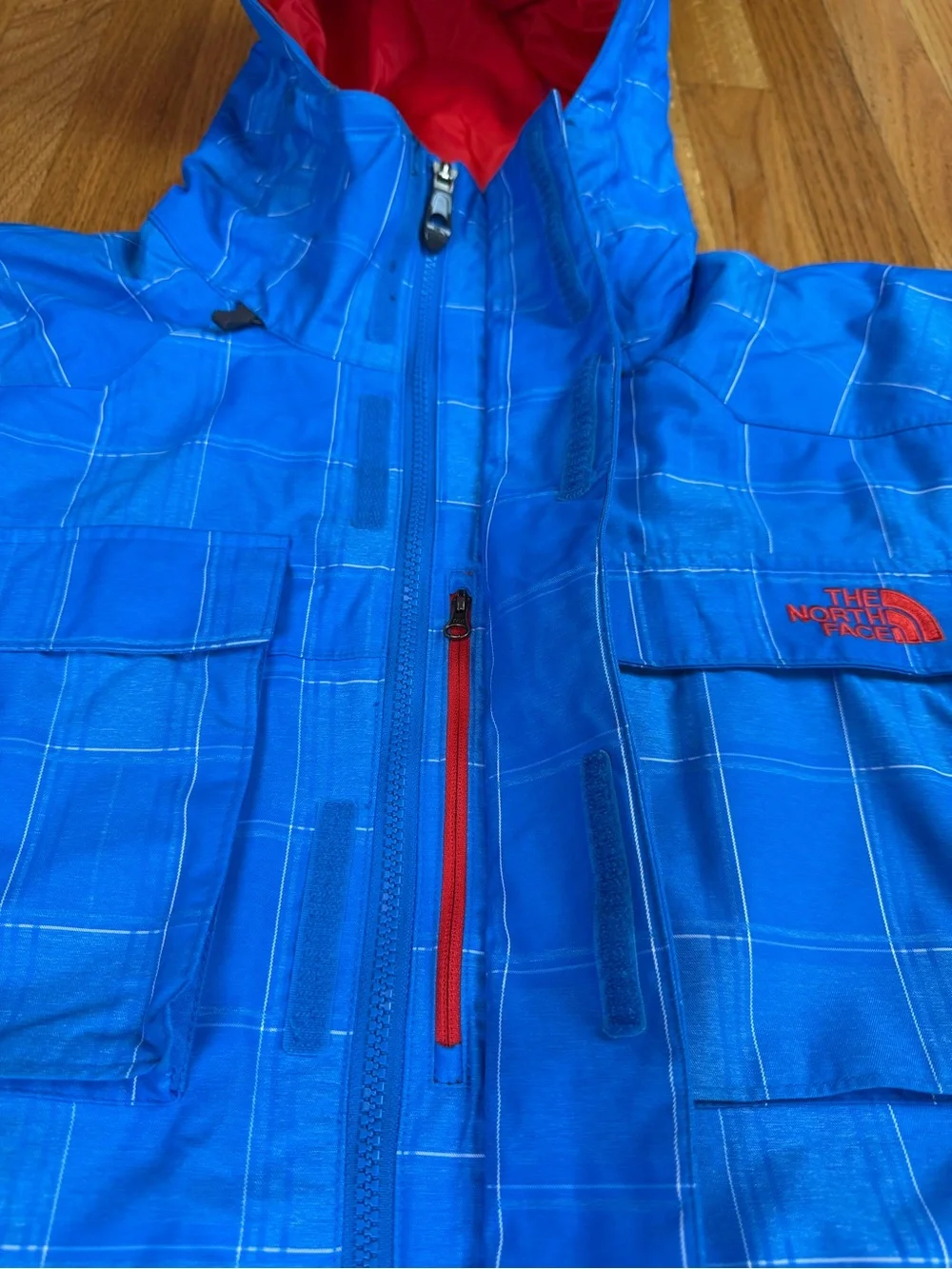 The North Face HyVent Blue Plaid Jacket Mens M Hooded Full Zip Snowboard Ski Sno